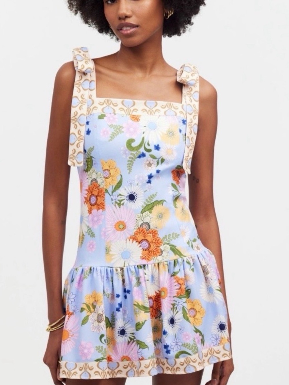 Agua Bendita Floral Tie-Strap Mini Dress in Pastel Blue
